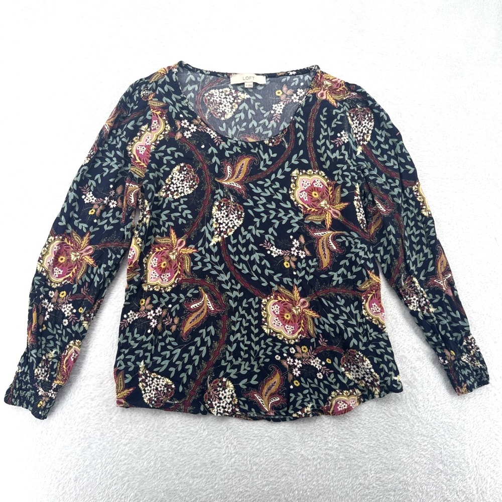 LOFT Womens Blouse Medium Blue Paisley Floral Smocked Cuff Long Sleeve Rayon